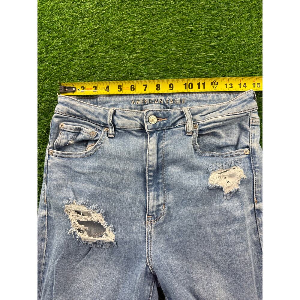 AE Next Level Ripped Super High-Waist Flare Jeans Women's 12 Blue Denim Stretch - Picture 14 of 16